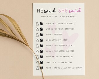 May include: A white rectangular game card titled HE said, SHE said with the subtitle WHO WILL IT BE... KANE OR ANNA. The card features black text, small dress and suit icons, and faint pink heart graphics, listing questions about a couple.