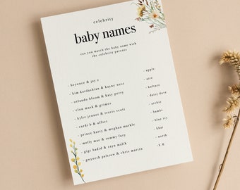 Celebrity Baby Names Baby Shower Game Cards  | Baby in Bloom Baby Shower | Wildflower | Neutral | Florals | Sprinkle | BB101