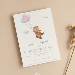 Invitations personnalisées de révélation de genre | Douche de bébé | Ours en peluche | Nous pouvons attendre de Bearly | Rose & Bleu | Inviter | Jeux | Saupoudrer | T101