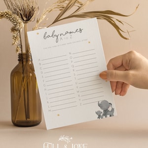 Nom de bébé de l'alphabet de A à Z - Cartes de jeu pour baby shower | Thème éléphant | Jungle | Safari | Neutre | Révélation du genre | Saupoudrer | E101