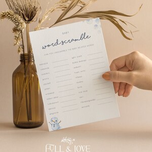 Cartes de jeu Word Scramble Baby Shower | Douche de bébé bonhomme de neige | Noël | Neutre en matière de genre | Jeux simples pour baby shower | Saupoudrer | CH101