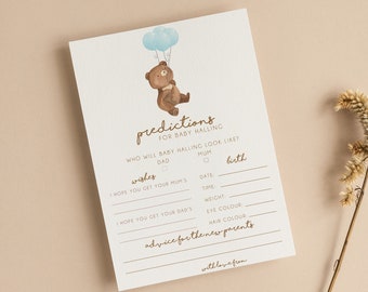 Personalised Teddy Bear Baby Shower Prediction Cards, Boy, Blue Balloons T101