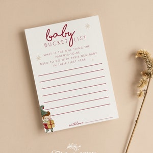 Liste de seau pour les cartes de conseils pour bébé | Douche de bébé elfe | Noël | Hiver | Neutre en matière de genre | Jeux de baby shower | Saupoudrer | CH201