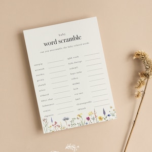 Wordscramble Quiz Cartes de jeu pour baby shower | Devinez le mot | Baby shower bébé en fleurs | Fleurs sauvages | Neutre | Fleurs | Saupoudrer | BB101