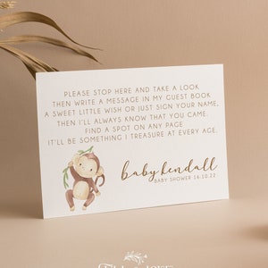 Personalisiertes Baby-Dusche-Gästebuch-Zeichen | Kleiner Affe zur Babyparty | Dschungel | Geschlechtsneutral | Baby Party Karten | Geschenke-Tisch | M001