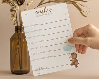 Personalised Teddy Bear Baby Shower Wishes Card, Blue Balloons , T101