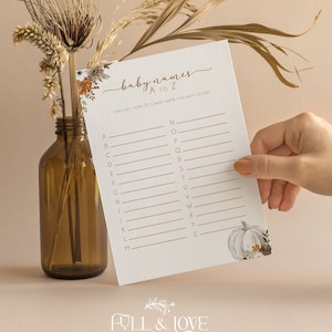 Noms de bébé Cartes de jeu A-Z Baby Shower | Petite citrouille | Automne | Automne | Neutre en matière de genre | Jeux de baby shower | Cartes-conseils | Saupoudrer | F101