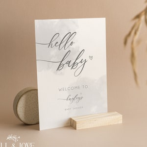Babyparty Willkommensschild Personalisiert |  Hallo Baby-Babyparty | Wolken | Grau | Geschlechtsneutral | Babyparty Spiele | Streublümchen | C101