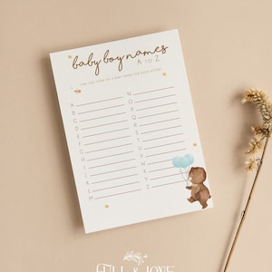 Baby Jungen Namen A-Z Baby Shower Spielkarten | Namensalphabet | Teddybär Babyparty | Baby Junge | Blau | Namensvorschläge | Streusel | T101