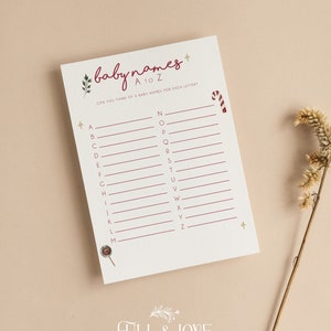 Prénoms de bébé : cartes de jeu pour baby shower de A à Z | Elfe | Noël | Hiver | Non sexiste | Jeux de baby shower | Cartes Conseils | Saupoudrer | CH201