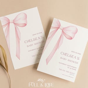 Personalisierte Babypartyeinladungen A6 | Kokette | Rosa Bögen | Baby Mädchen | Geschlecht offenbaren | Babyparty Spiele | Streublümchen | Beratung BOW102