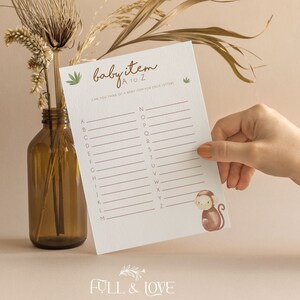 Baby Items A-Z Baby Shower Spielkarten | Namensalphabet | Kleiner Affe Babyparty | Geschlechtsneutral | Baby Shower Spiele | Streusel | M001