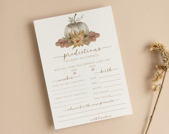 May include: A white baby shower prediction card featuring a watercolor pumpkin and floral illustration at the top. The text includes 'predictions for baby McCormack', 'wishes', 'birth', and 'advice for the new parents' with blank lines for writing.