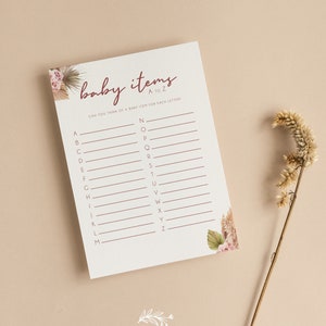 Articles pour bébé Cartes de jeu de fête prénatale A-Z | Alphabet de l’article | Baby Shower de la Pampa rose | Neutre | Florale | Jeux de baby shower | Saupoudrer | PP101