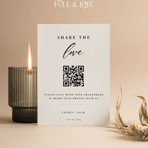 Personalisiertes Hochzeit Teilen der Liebe QR-Code-Zeichen | Hochzeit Gast Fotos | Verlobungsfeier |  Minimalistisch | Modern | Herr & Frau | W101