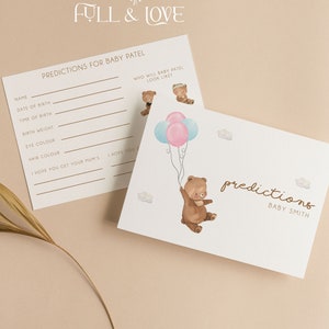 Personalisierte Gender Reveal Prediction Cards | Teddy Bär Luftballons | Junge | Mädchen | Waldland | Pink oder Blau | Babyparty | Streublümchen | T101
