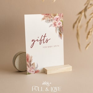 Personalisierte Baby-Dusche-Geschenk-Zeichen | Pink Pampas Babyparty | Boho |  Neutral | Blumen | Duschspiele | Streublümchen | Geschenke-Tisch | PP101