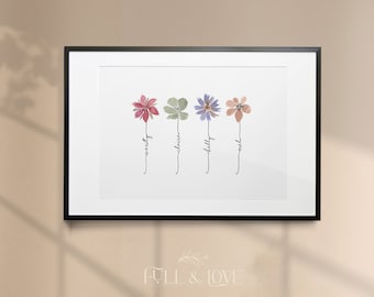 May include: A framed print with four watercolor flowers, each with a name written below: "Serenity", "Chloe", "Kelly", and "Mel".