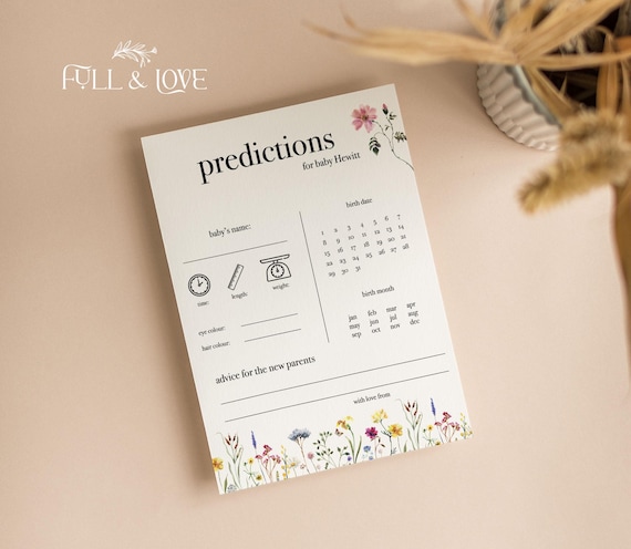 Personalised Baby Shower Prediction Cards | Floral Baby Shower  | Baby in Bloom |  Neutral | Wildflowers | Shower Games | Sprinkle | BB101