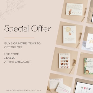 May include: A promotional image with the text "Special Offer" and details about a discount: Buy 3 or more items to get 20% off, use code LOVE25 at checkout. The image also displays various invitation cards.