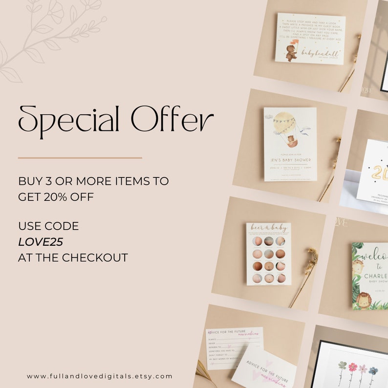 May include: A promotional image with the text "Special Offer" and details about a discount: Buy 3 or more items to get 20% off, use code LOVE25 at checkout. The image also displays various invitation cards.