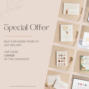 Pode incluir: Uma oferta especial para comprar tr&ecirc;s ou mais itens e obter 20% de desconto. Use o c&oacute;digo LOVE25 no checkout. A imagem mostra uma variedade de convites e jogos para ch&aacute; de beb&ecirc;, incluindo um bal&atilde;o de ar quente, um urso e um jogo para ch&aacute; de beb&ecirc; com o texto "beer a baby".