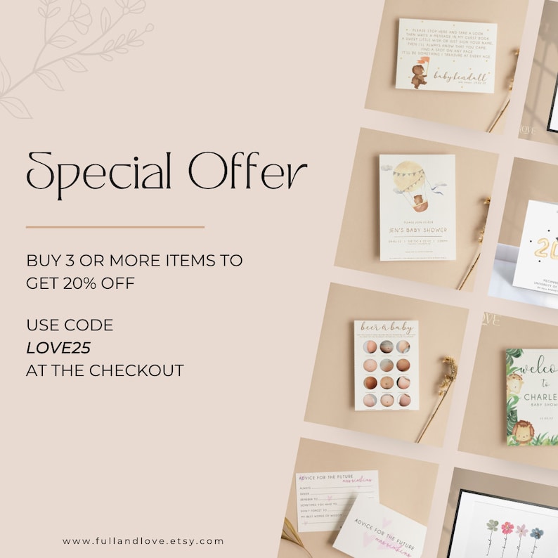 Pode incluir: Uma oferta especial para comprar tr&ecirc;s ou mais itens e obter 20% de desconto. Use o c&oacute;digo LOVE25 no checkout. A imagem mostra uma variedade de convites e jogos para ch&aacute; de beb&ecirc;, incluindo um bal&atilde;o de ar quente, um urso e um jogo para ch&aacute; de beb&ecirc; com o texto "beer a baby".