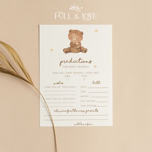 Cartes Prédictions personnalisées pour baby shower |  Ours en peluche | Conseils | Souhaits | Non sexiste | Jeux de baby shower | Saupoudrer | T101