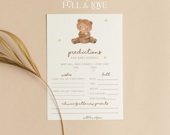 Personalised Teddy Bear Baby Shower Prediction Cards. Gender Neutral, T101