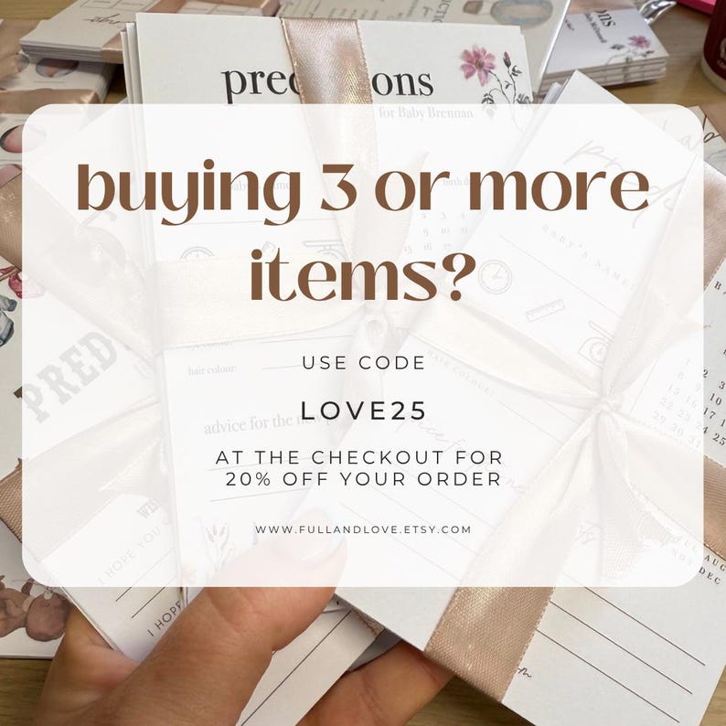 May include: A stack of white paper cards with floral illustrations and text, tied together with a light pink satin ribbon. The text reads: buying 3 or more items? USE CODE LOVE25 AT THE CHECKOUT FOR 20% OFF YOUR ORDER WWW.FULLANDLOVE.ETSY.COM