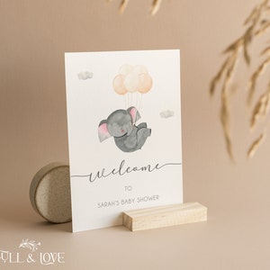 Panneau de bienvenue personnalisé pour baby shower | Shower de bébé ours éléphant | Révélation du genre | Ballons | Jeux de douche de bébé | Saupoudrer | Gris | E101