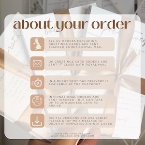 May include: A stack of white cards tied with a ribbon, featuring text that reads "about your order." The text includes information about shipping and digital versions. The website address is also visible.