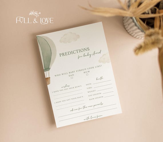 Personalised Baby Shower Prediction Cards | Up Up and Away Baby Shower | Gender Neutral | Sage Green | Sprinkle | Advice Cards UA104