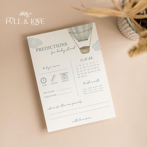 Puede incluir: Una tarjeta de juego de baby shower imprimible con una ilustraci&oacute;n de un globo aerost&aacute;tico. La tarjeta tiene una secci&oacute;n para que los invitados predigan el nombre del beb&eacute;, la fecha de nacimiento, la hora, la longitud, el peso, el color de los ojos y el color del cabello. Tambi&eacute;n incluye una secci&oacute;n para consejos para los nuevos padres y un espacio para que el invitado firme su nombre.