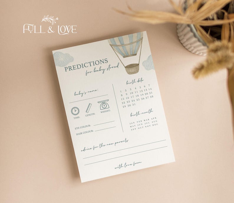 Puede incluir: Una tarjeta de juego de baby shower imprimible con una ilustraci&oacute;n de un globo aerost&aacute;tico. La tarjeta tiene una secci&oacute;n para que los invitados predigan el nombre del beb&eacute;, la fecha de nacimiento, la hora, la longitud, el peso, el color de los ojos y el color del cabello. Tambi&eacute;n incluye una secci&oacute;n para consejos para los nuevos padres y un espacio para que el invitado firme su nombre.