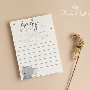 Bucket List für Baby Ratgeberkarten |  Elefant Baby Shower | Dschungel | Safari | Grau| Geschlechtsneutrale | Baby Shower Spiele | Streusel | E101