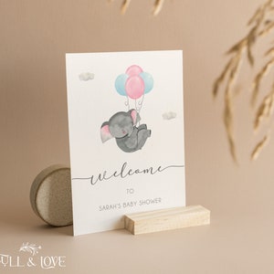 Babyparty Willkommensschild Personalisiert | Elefant-Bär-Babyparty | Neutral | Rosa & Blau | Luftballons | Babyparty Spiele | Streublümchen | E101