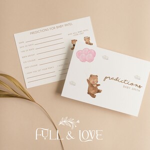 Cartes de prédiction personnalisées pour baby shower |  Ballons roses ours en peluche | Fille | Bois | Bearly attendre | Jeux de baby shower | Saupoudrer | T101
