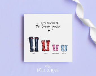 May include: A square greeting card with the text HAPPY NEW HOME the Brown family and a small heart. Below are four pairs of illustrated rain boots in black, red with white polka dots, pink, and light blue, labeled Tom, Rach, Savannah, and Theo.