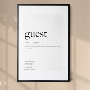 May include: A black and white framed print with the word "guest" defined as "those who are always welcome to spend time here, make themselves at home and use the wifi". The wifi network name is "SKYNVBGX" and the password is "GAnSDUfvebYХ".