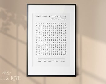 May include: A black and white printable bathroom word search puzzle with the title "Forgot Your Phone". The puzzle includes words related to bathroom items such as shower, soap, toothbrush, towel, bath, and shave.