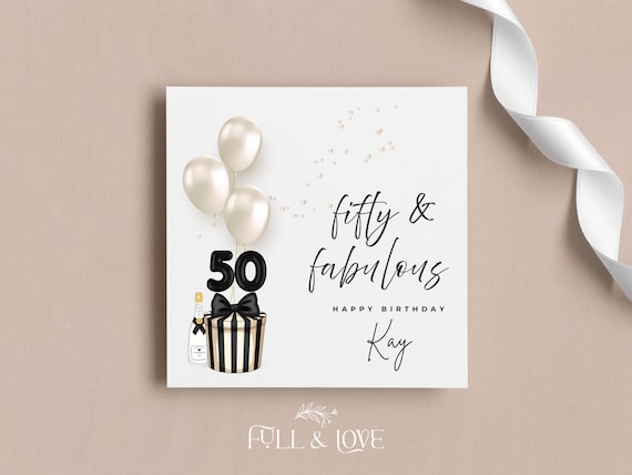 Personalised 50th Birthday Card | 50 and Fabulous | Black and White | Fiftieth Birthday | Milestone Cards | Personalised Greetings Cards