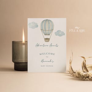 Personalised Baby Shower Welcome Sign | Up Up and Away | Hot Air Balloon | Blue | Baby Boy | Adventure Awaits | Gender Reveal | UA103 Striped Balloon