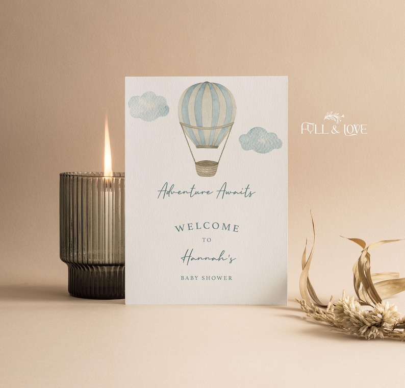 Personalised Baby Shower Welcome Sign | Up Up and Away | Hot Air Balloon | Blue | Baby Boy | Adventure Awaits | Gender Reveal | UA103 Striped Balloon