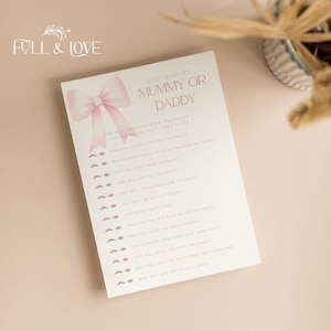 Wer hat zuerst Mama oder Papa Babyparty Spiel Karten gesagt | Rosa Bögen | Kokette | Babyparty | Baby Mädchen | Geschlecht offenbaren | Streusel BOW102