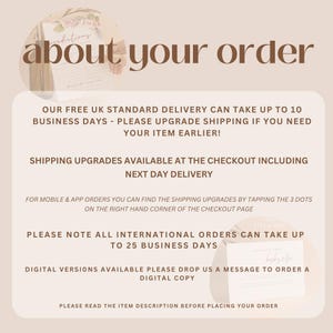 May include: A beige graphic with the text "about your order" in brown. The text below details shipping information, including UK standard delivery, shipping upgrades, and international order times. Additional text mentions digital versions.