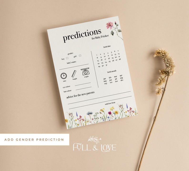 Peut inclure: Une carte de pr&eacute;diction de baby shower cr&egrave;me avec le texte "predictions for Baby Fricker". La carte comprend des espaces pour le sexe, le nom du b&eacute;b&eacute;, la date de naissance et des conseils. Des illustrations florales et le texte "ADD GENDER PREDICTION" sont &eacute;galement pr&eacute;sents.