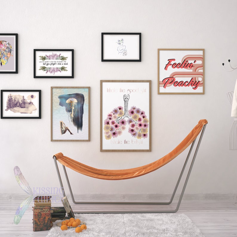 Inhale the Good Shit Exhale the Bullshit Art Print Illustrated Lungs with Watercolor Flowers Lineart Lungs with Flowers Funky Wall Art
