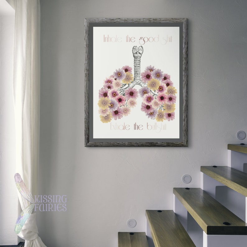 Inhale the Good Shit Exhale the Bullshit Art Print Illustrated Lungs with Watercolor Flowers Lineart Lungs with Flowers Funky Wall Art