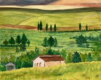 A Little Slice of Tuscany / Original Watercolor Painting / Pienza, Italy / European landscape
